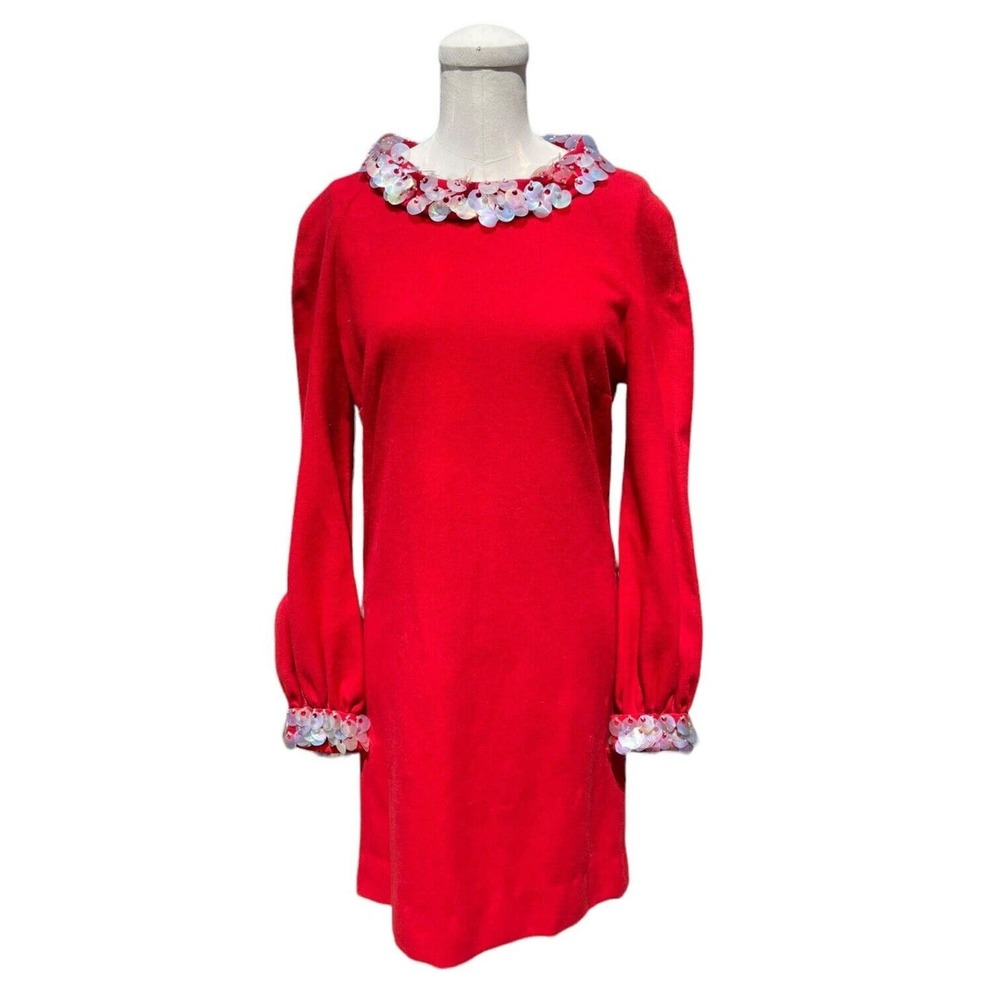 Vintage 60s Wool Red Mini Dress Embellished Disc Long Sleeve Mod GoGo Twiggy